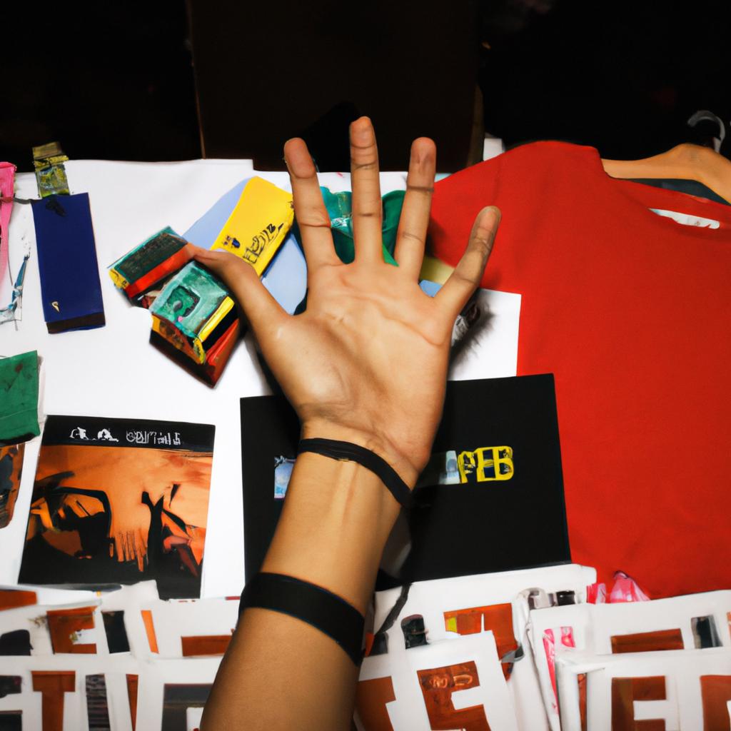 Person holding concert merchandise items