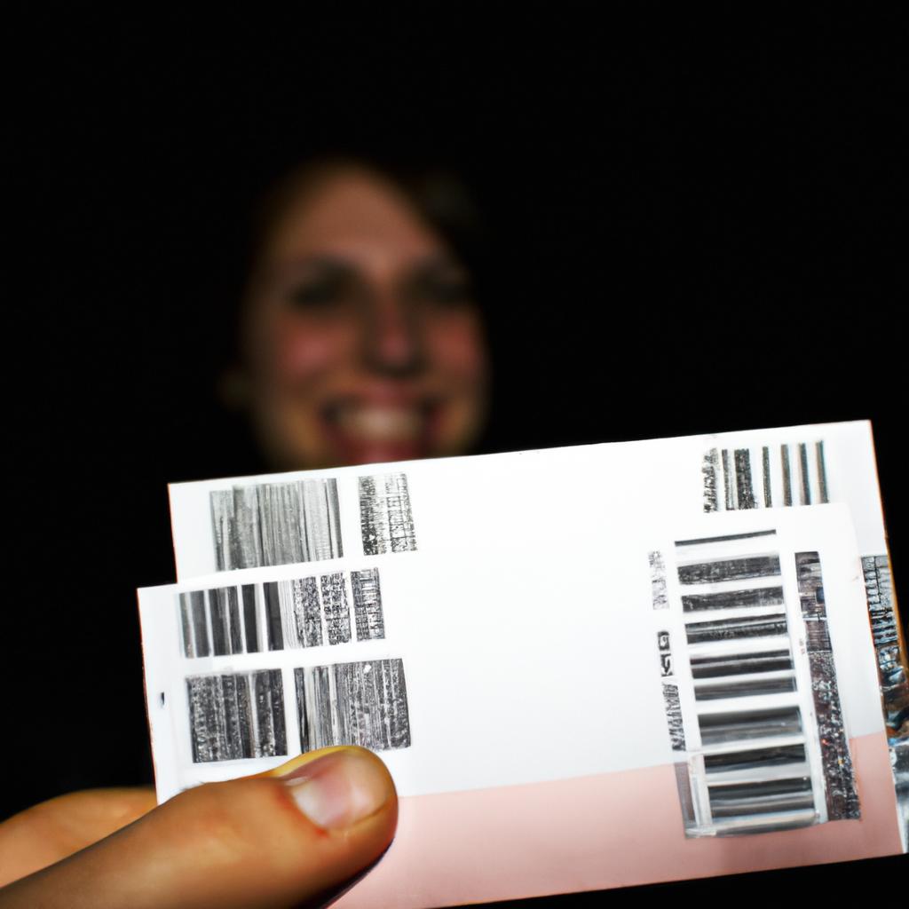 Person holding concert ticket, smiling