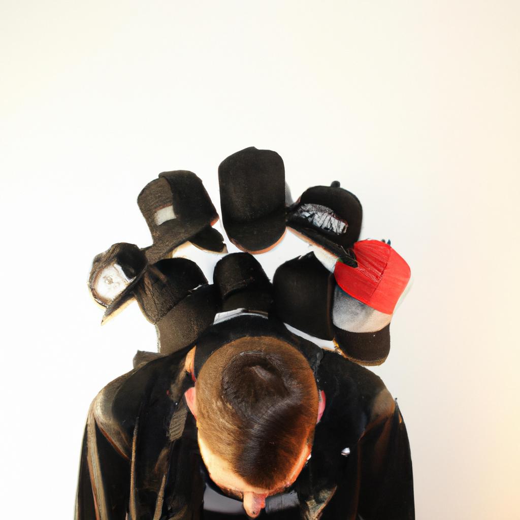 Person wearing various concert hats