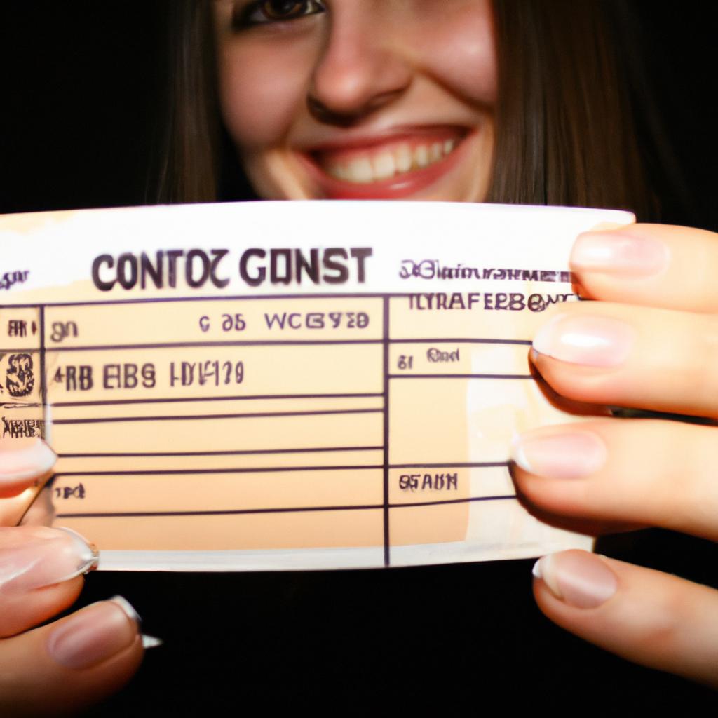 Person holding concert ticket, smiling